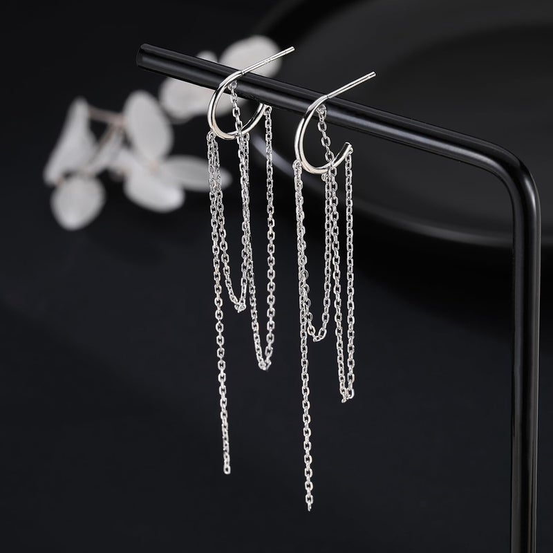 SLUYNZ 925 Sterling Silver Dangle Earrings Tassel Chain for Women Teen Girls Dangle Earrings Long Earrings Huggie Studs Dangle Chain (A-Silver) - Image 4